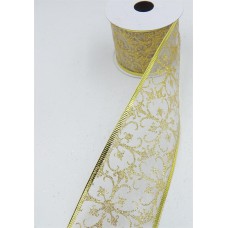 2.5 Inch Wired Christmas Ribbon with Gold Metallic Design on White Organga,10 Yds (Lot of 1 Spool) SALE ITEM